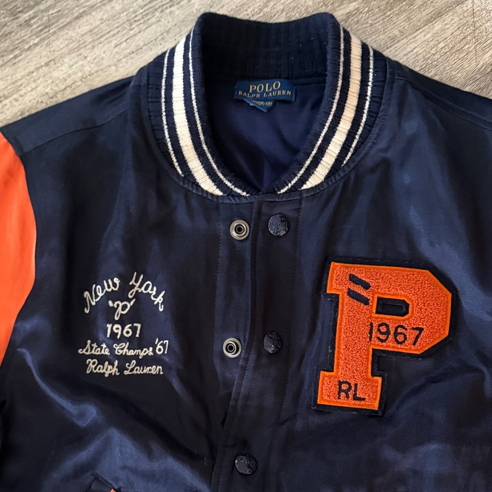 Polo by Ralph Lauren Navy and Orange Letterman Bomber Jacket - Picture 3 of 6